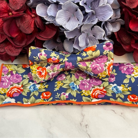 Blue Floral Butterfly Bow Tie and Pocket Square - Picture 3 of 16